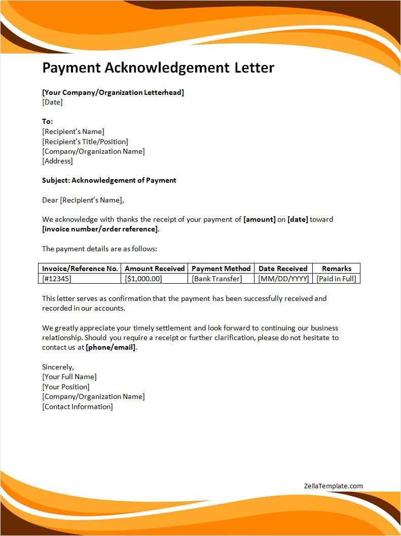 Acknowledgement Letter Template for Payments