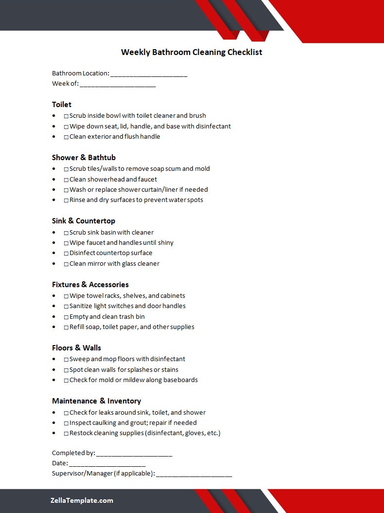 Printable Bathroom Cleaning Checklist Template