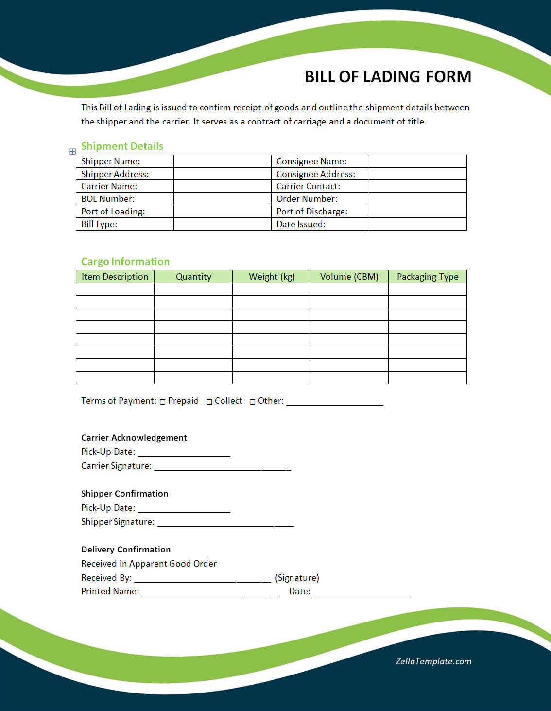 Free Printable Bill of Lading Form Template Word