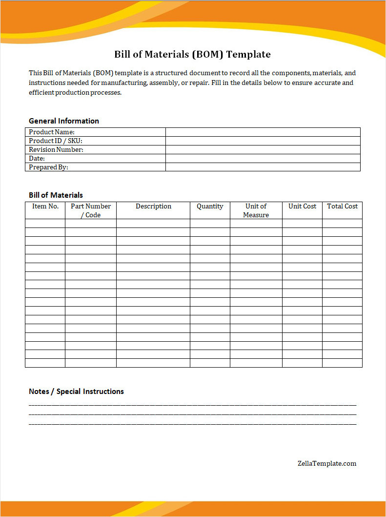 Free Bill of Material Template Word