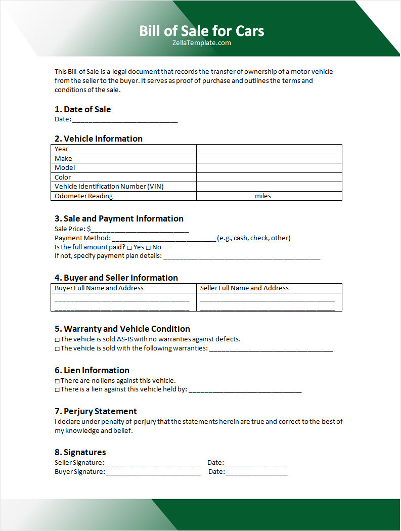 Free Car Bill of Sale Template Word