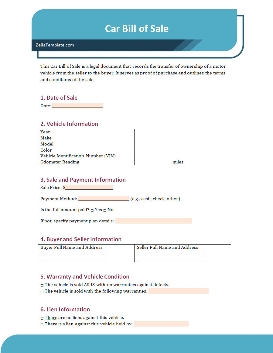 Free Car Bill of Sale Form Template Word