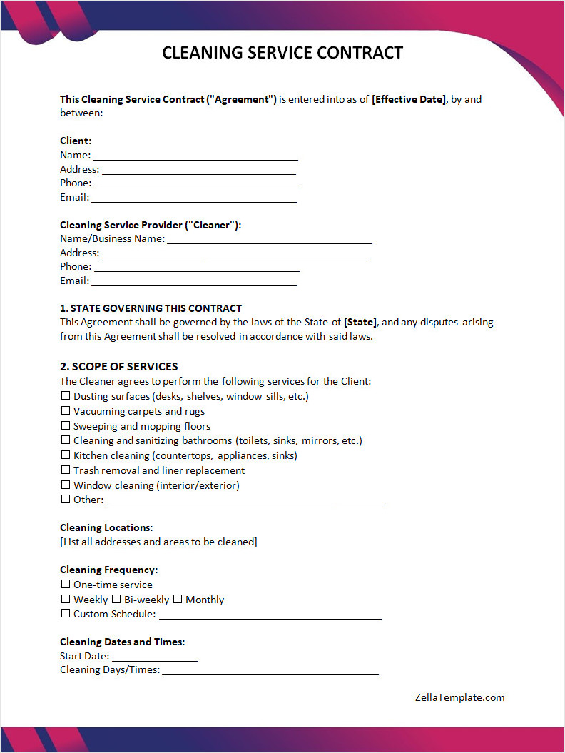 Free Cleaning Service Contract Template Word
