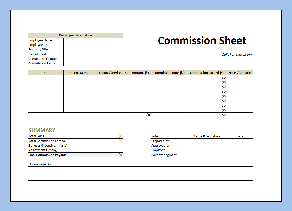 Free Commission Sheet Template Excel