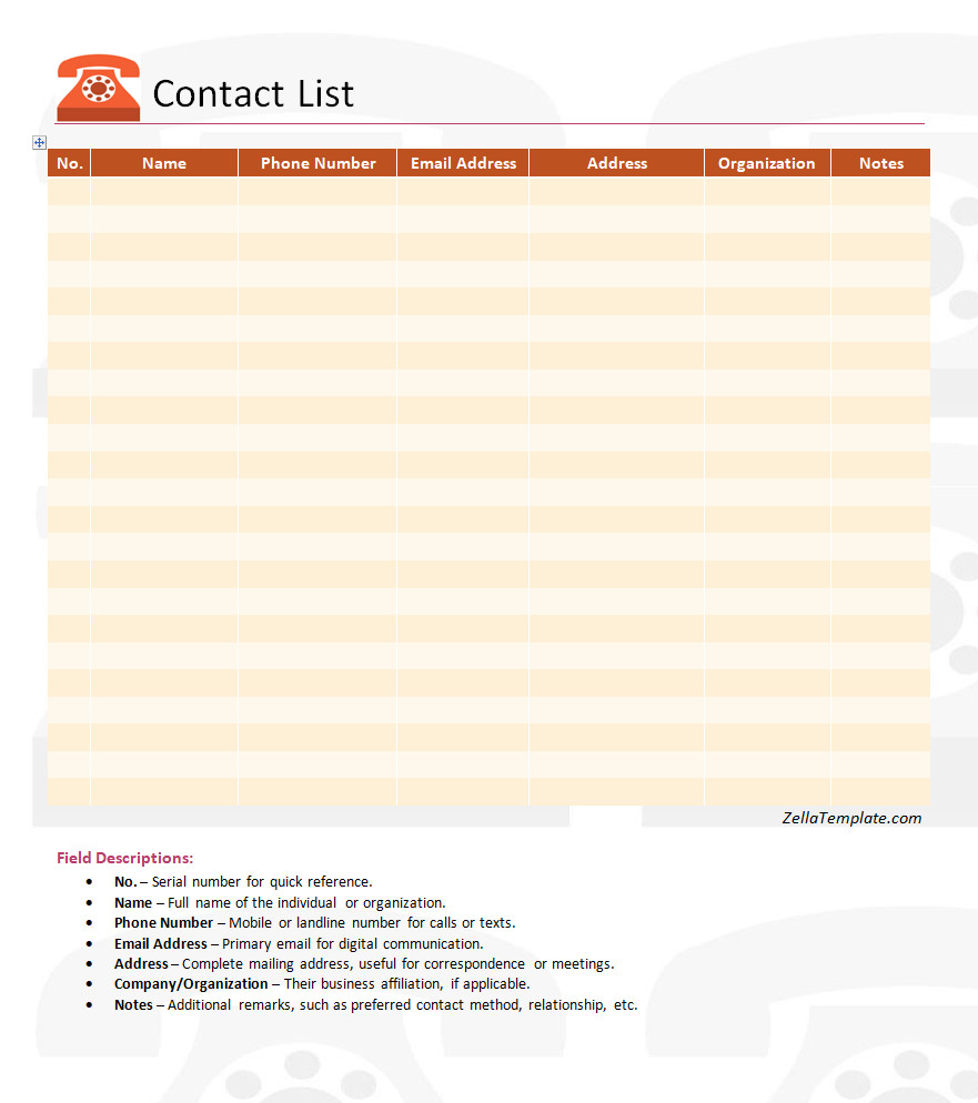 Free Printable Contact List Template