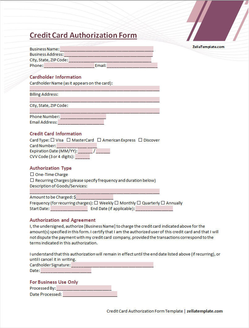 Free Printable Credit Card Authorization Form Template