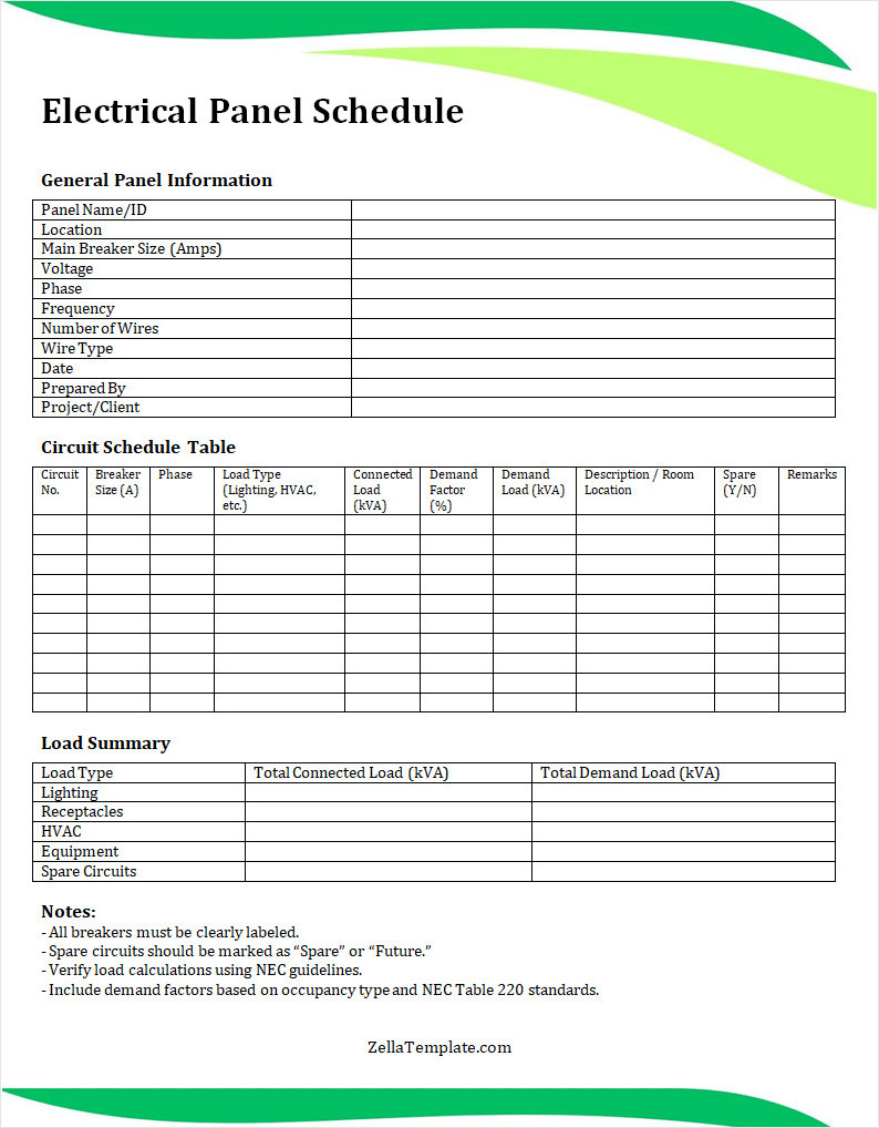 Electrical Panel Schedule Template