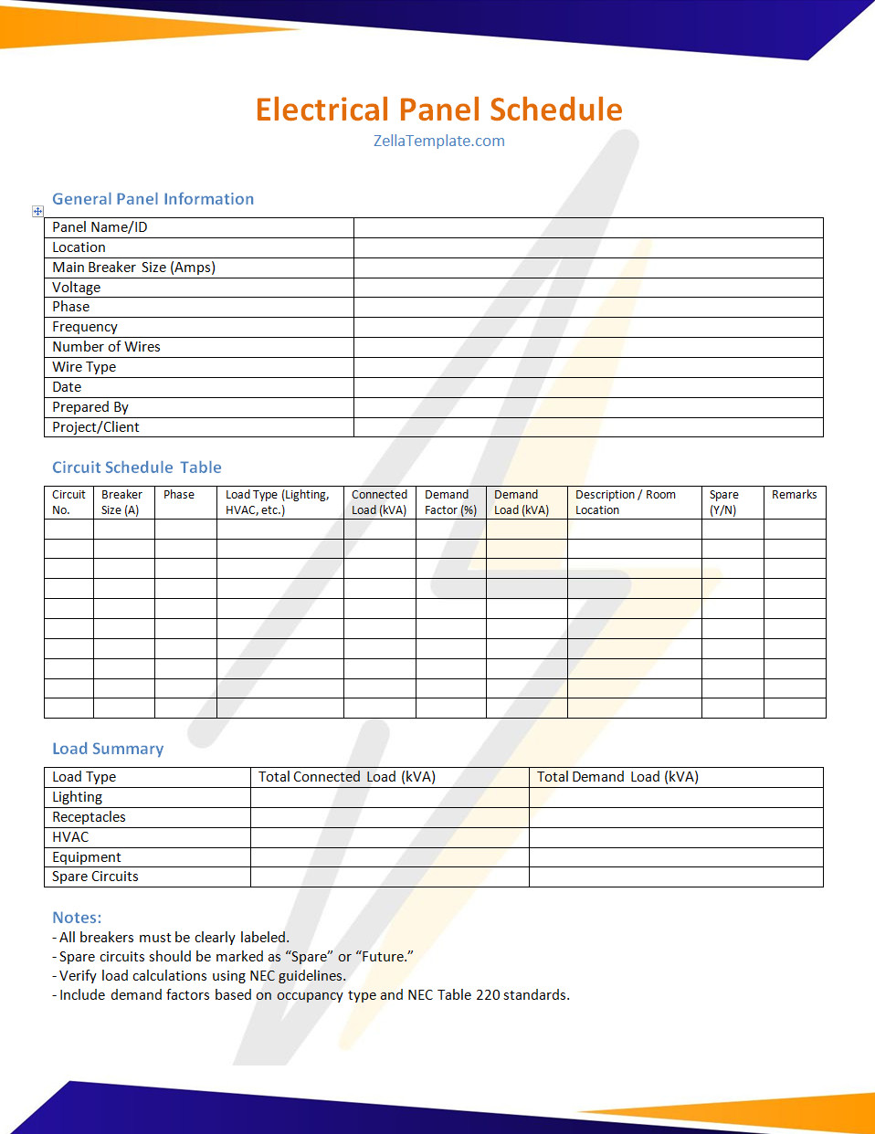Electrical Panel Schedule Template