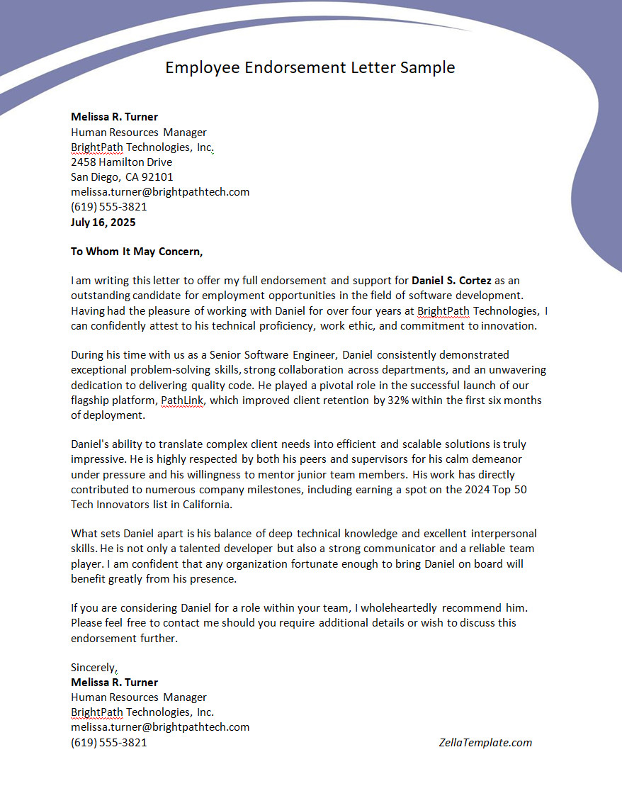 Employee Endorsement Letter Template