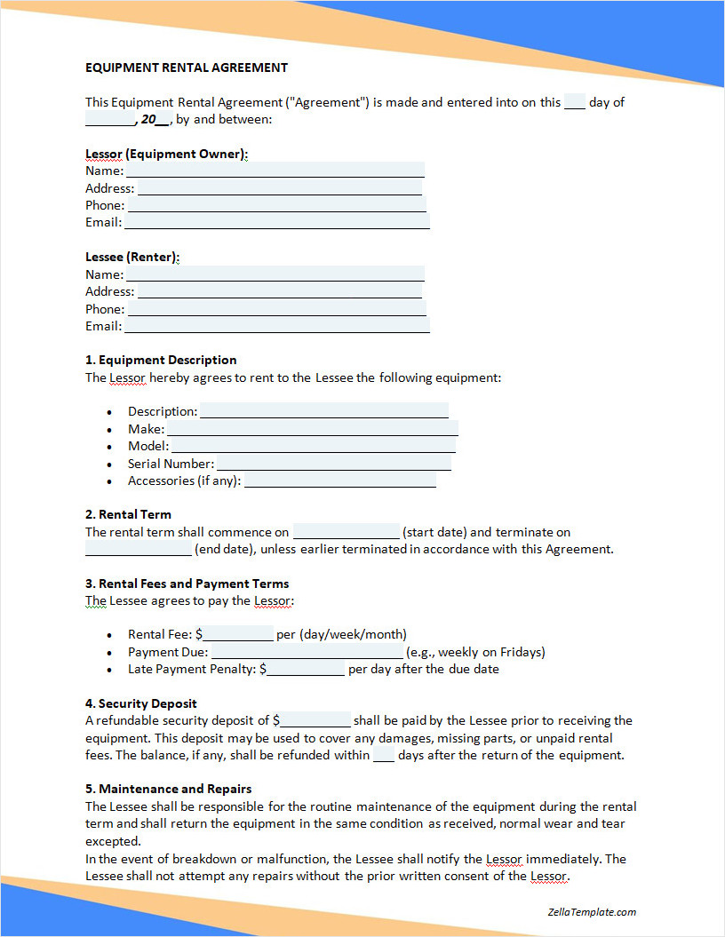 Free Equipment Lease Agreement Template Word