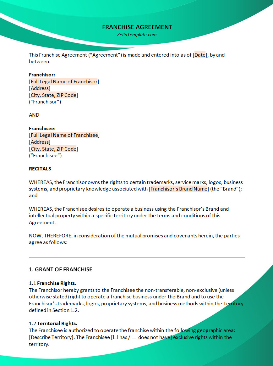Free Customizable Franchise Agreement Template Word