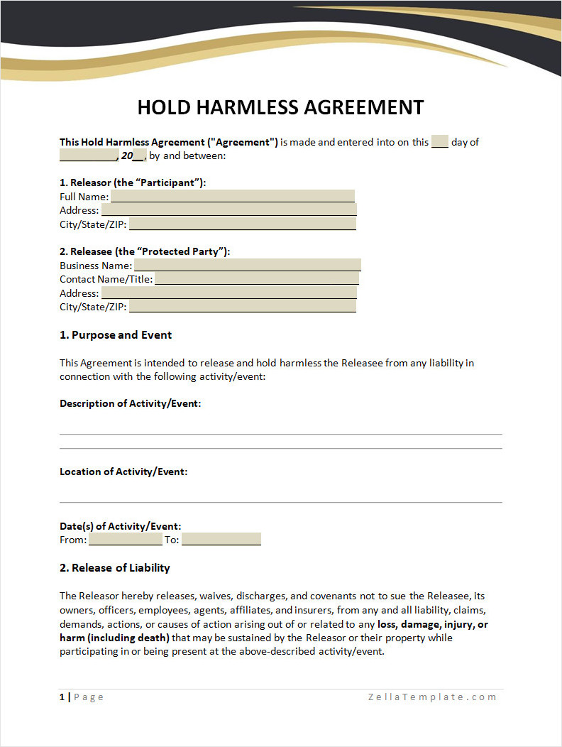 Free Hold Harmless Agreement Template