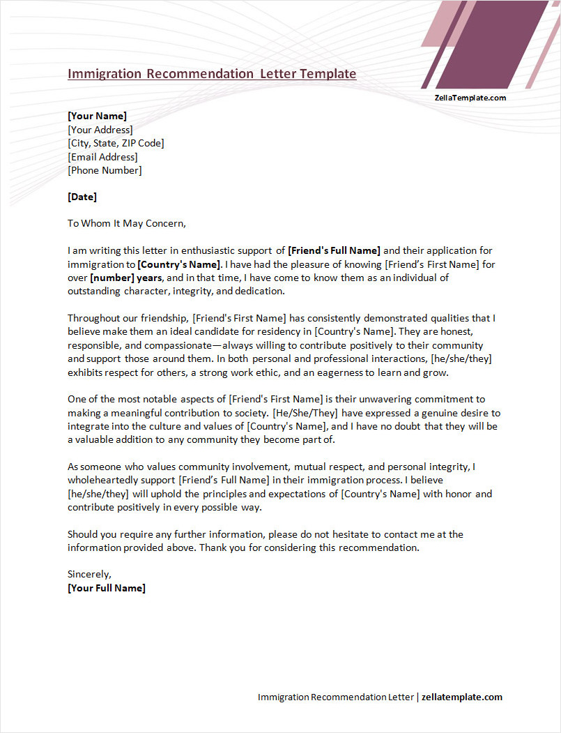 Immigration Recommendation Letter Template
