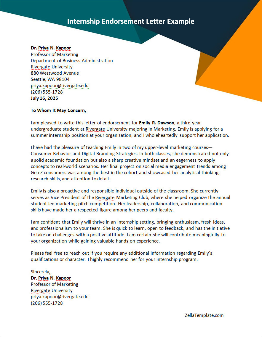 Internship Endorsement Letter Template