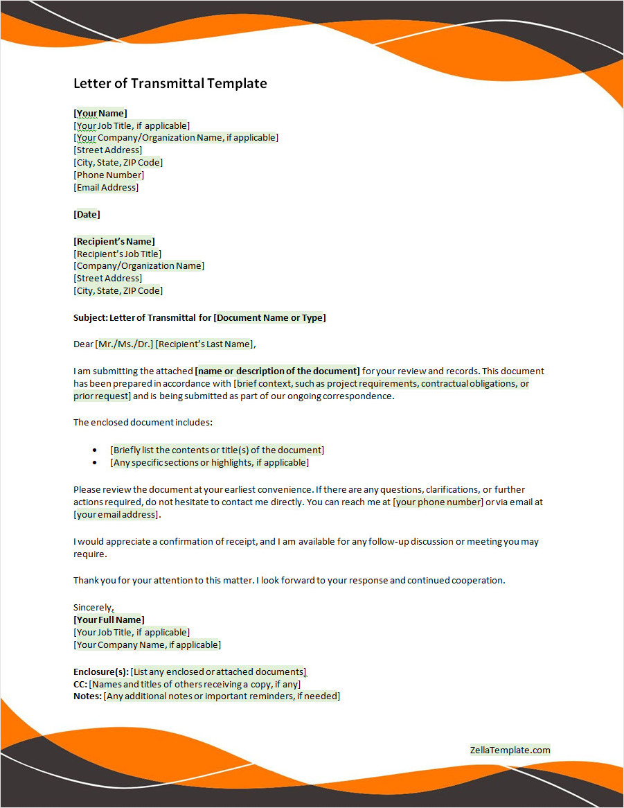 Free Editable Letter of Transmittal Template Word