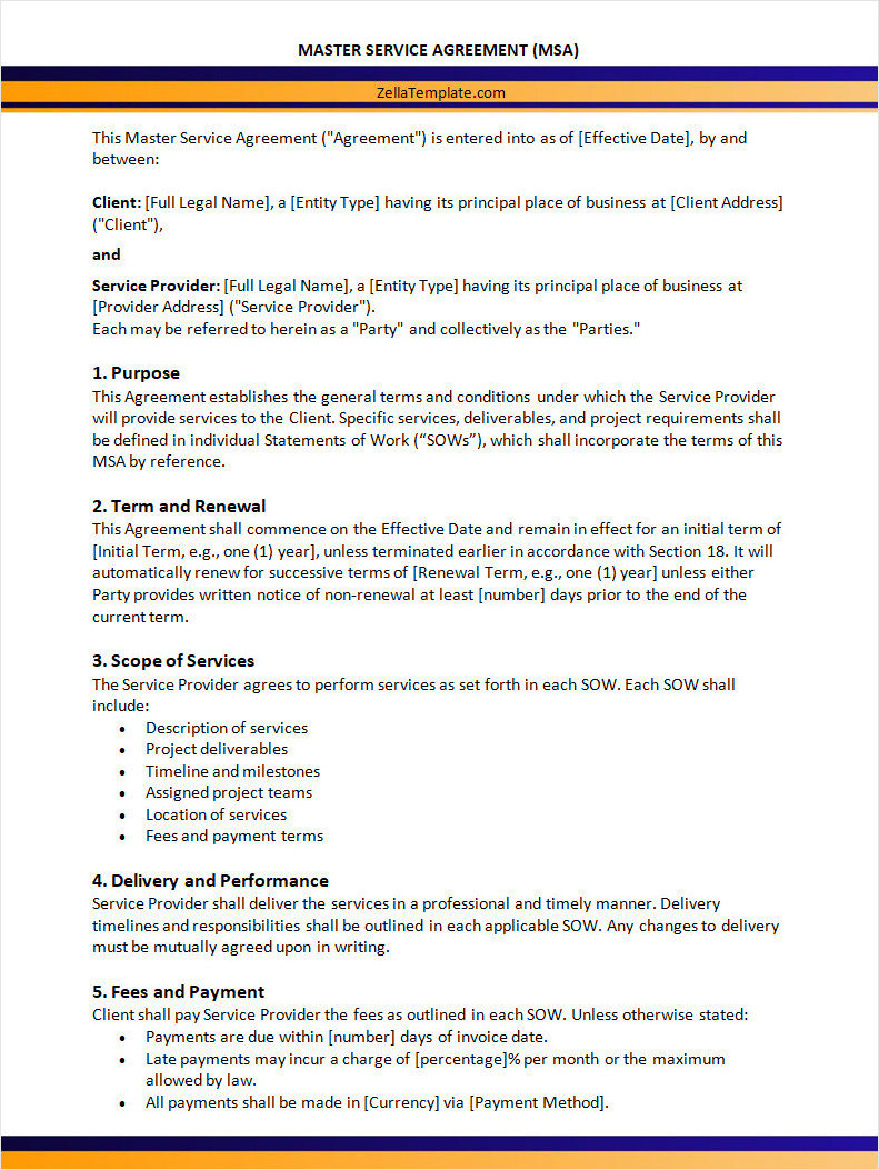 Free Master Service Agreement Template Word