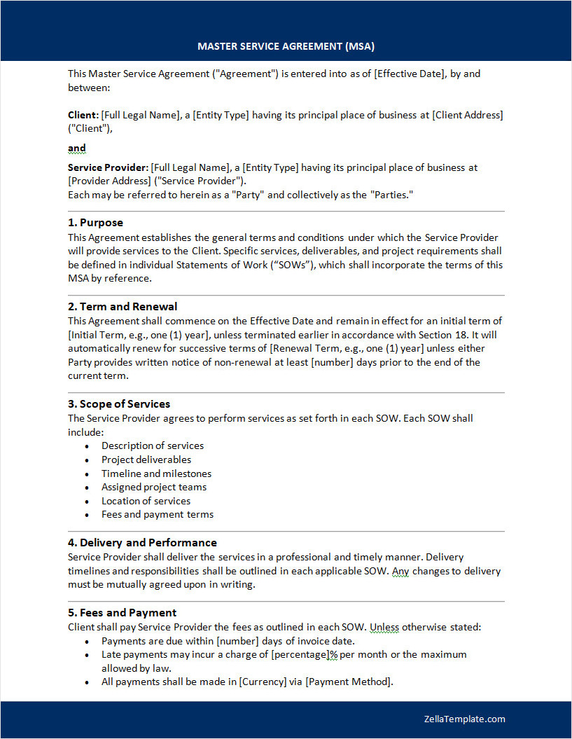Free Master Service Agreement Form Template Word