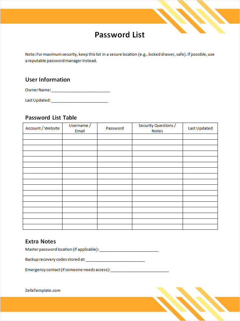 Free Password List Template Word
