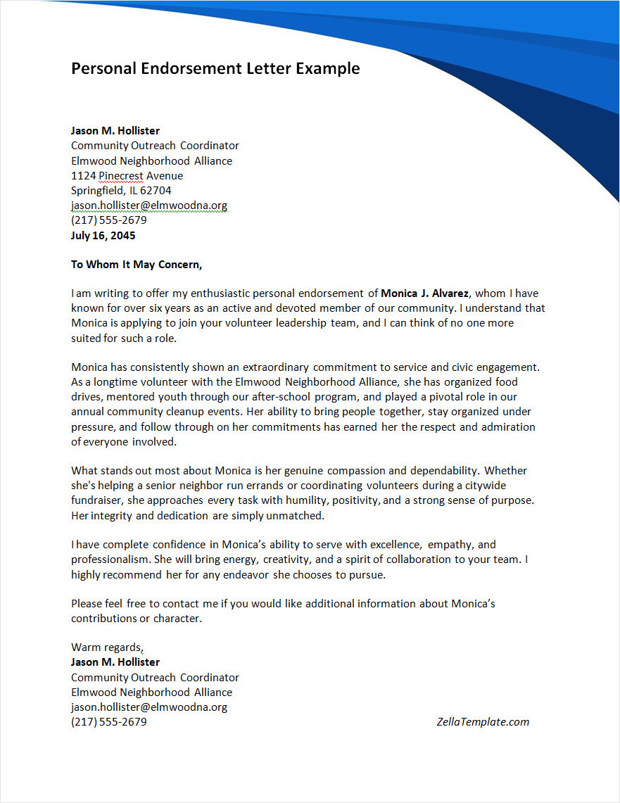 Personal Endorsement Letter Template