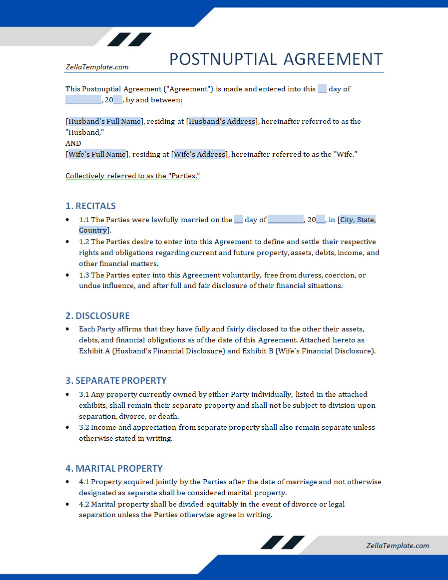 Postnuptial Agreement Sample