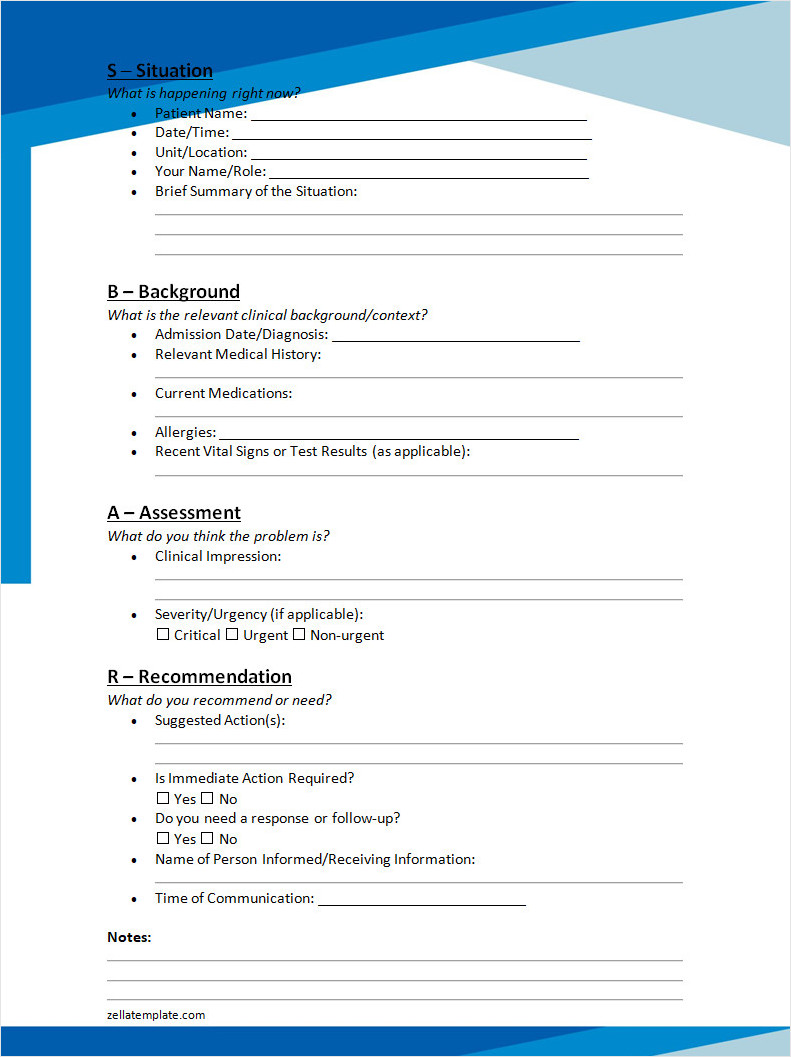 Printable SBAR Communication Template Word