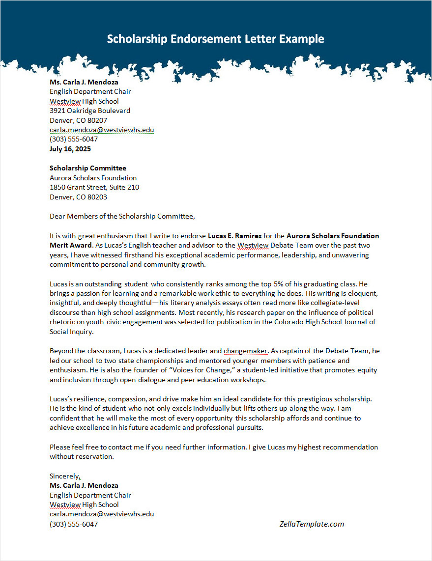 Scholarship Endorsement Letter Template