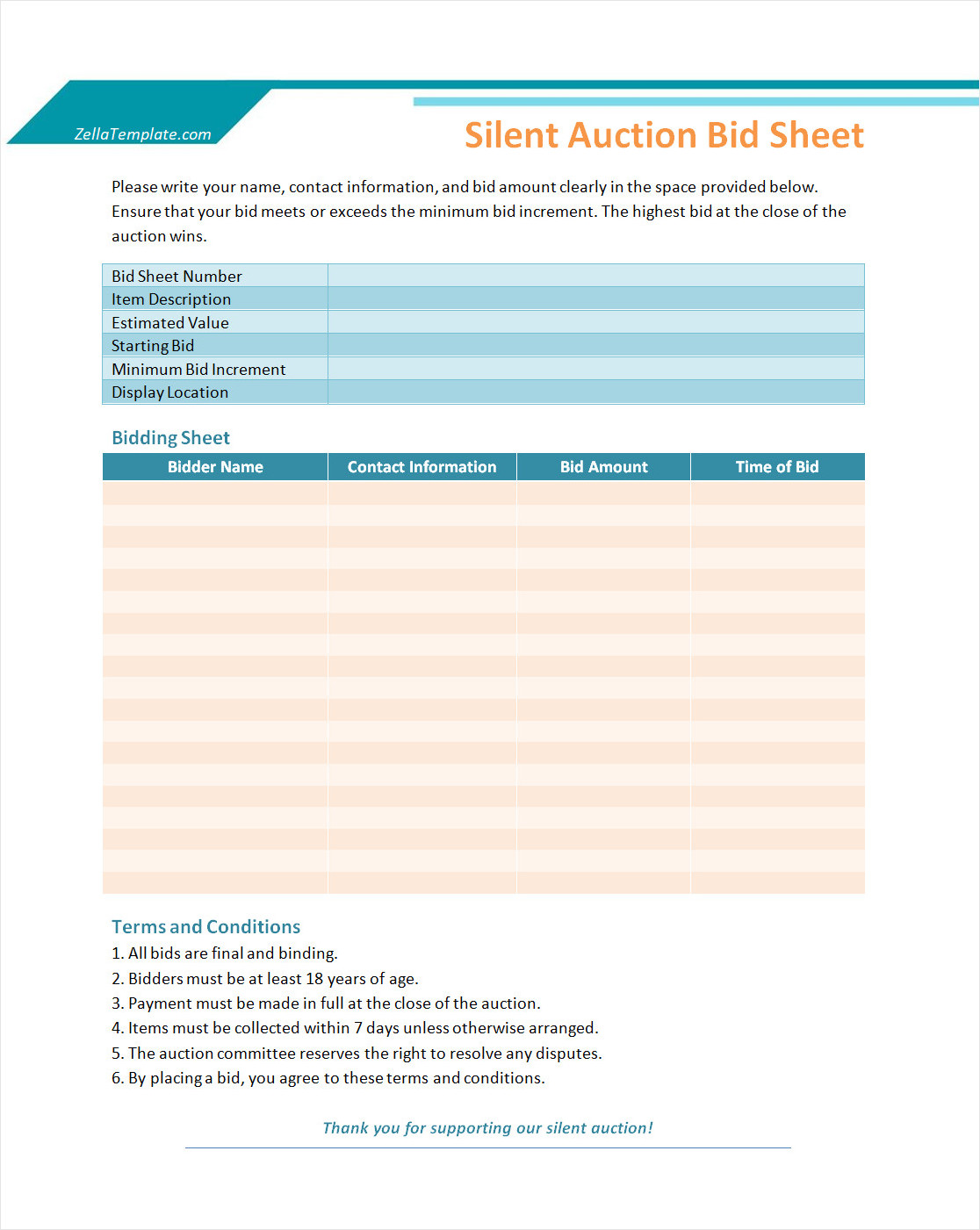 Printable Silent Auction Bid Sheet Template