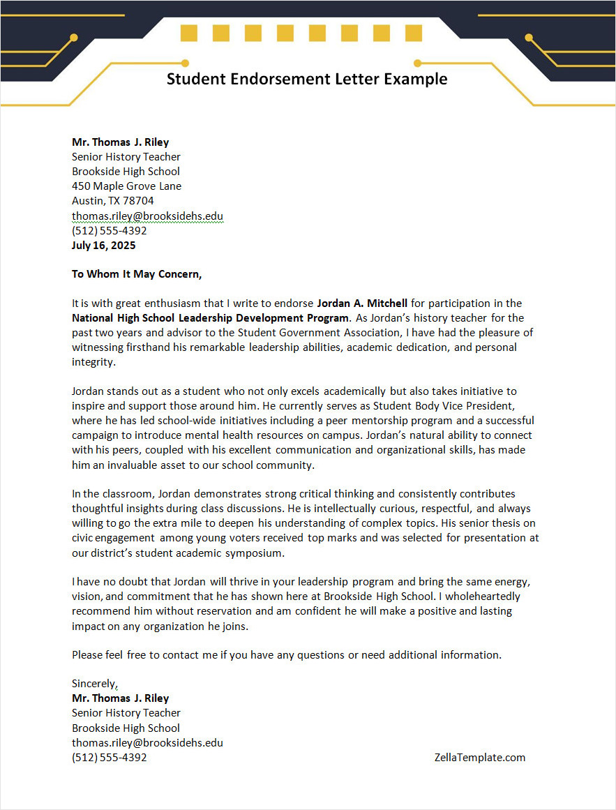 Student Endorsement Letter Template