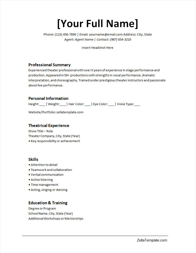 Free Theatrical Resume Template Word