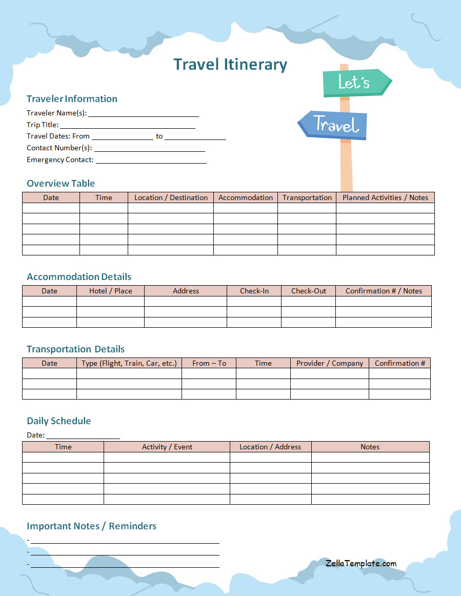 Free Printable Travel Itinerary Template