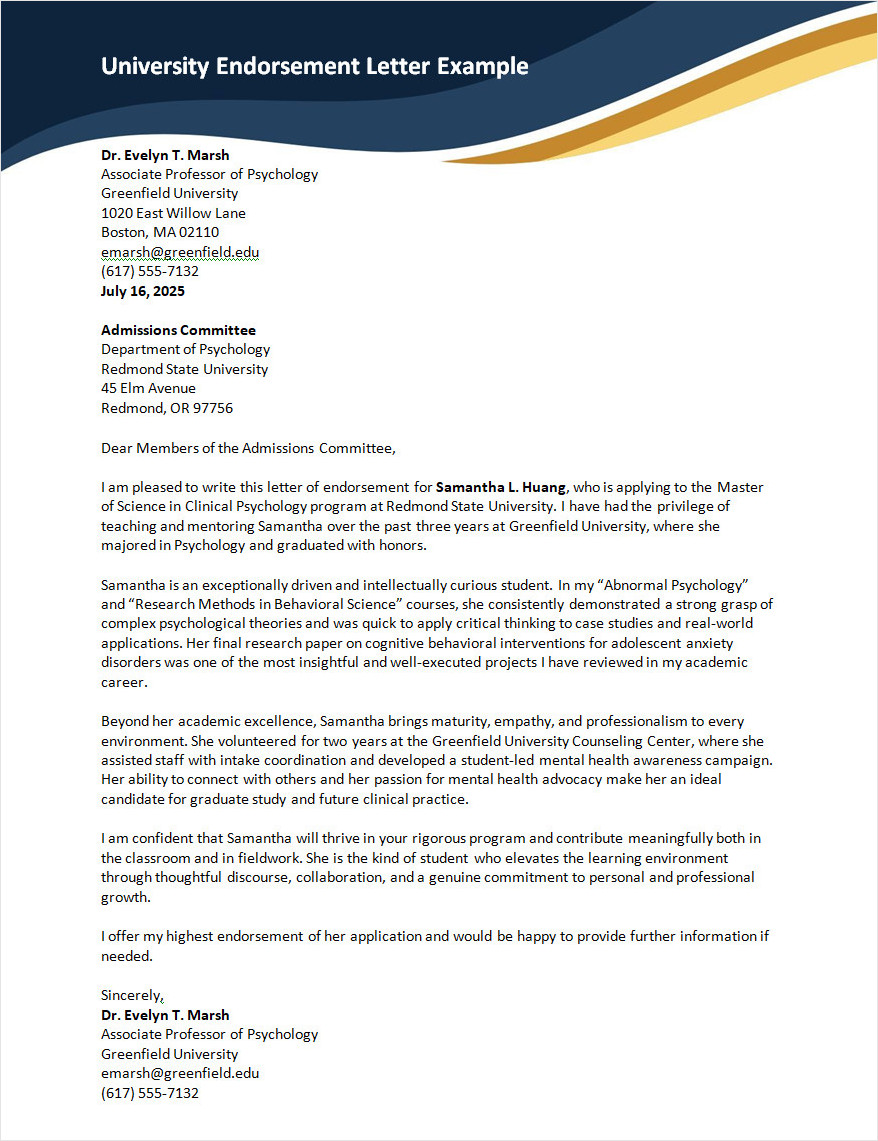 University Endorsement Letter Template