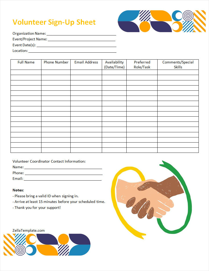 Free Printable Volunteer Sign Up Sheet Template