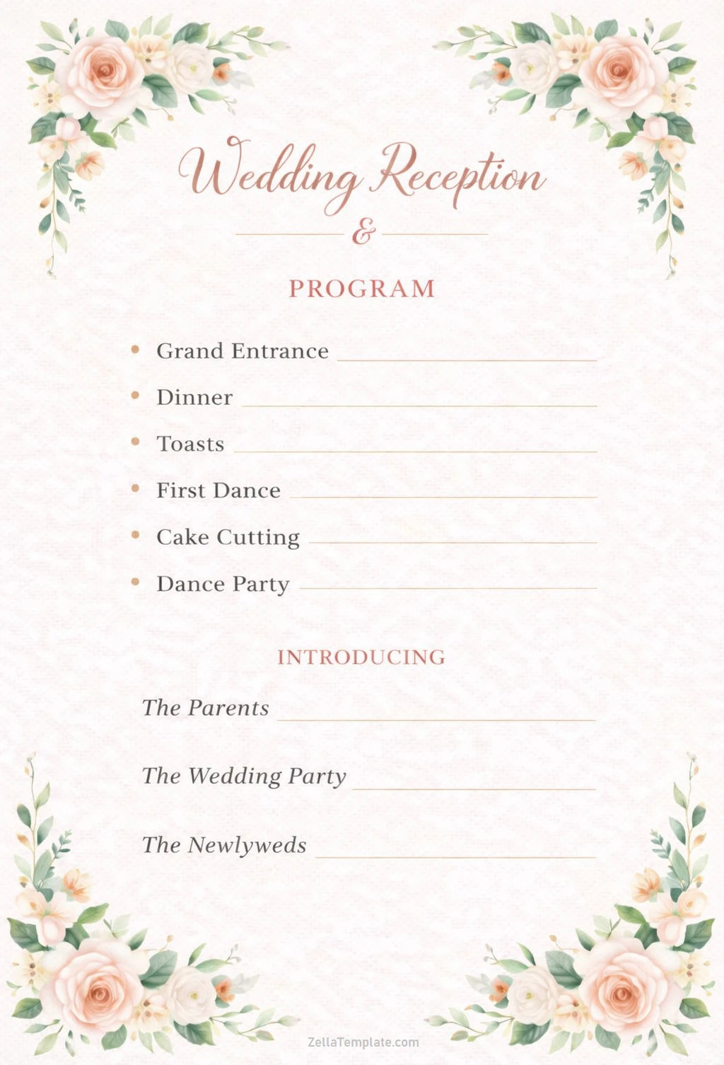 Printable Wedding Reception Program Template