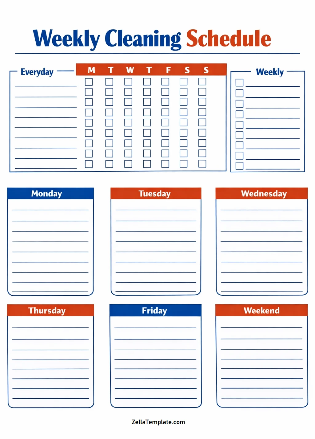 Simple Blank Printable Weekly Cleaning Schedule Template