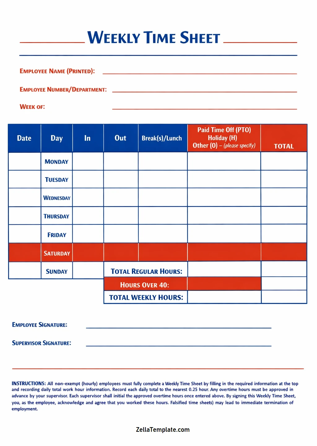 Simple Blank Printable Weekly Timesheet Template