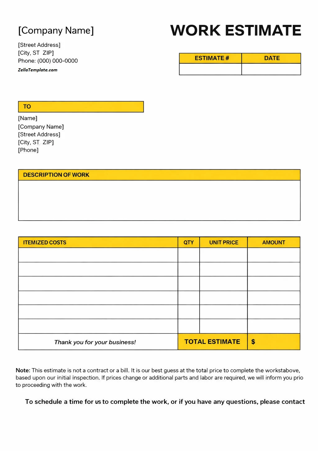 Simple Work Estimate Template