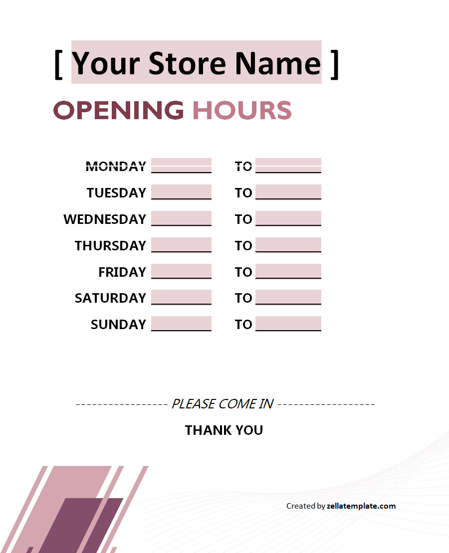 free printable business hours template word pdf