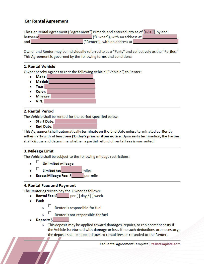 free car rental agreement template word pdf
