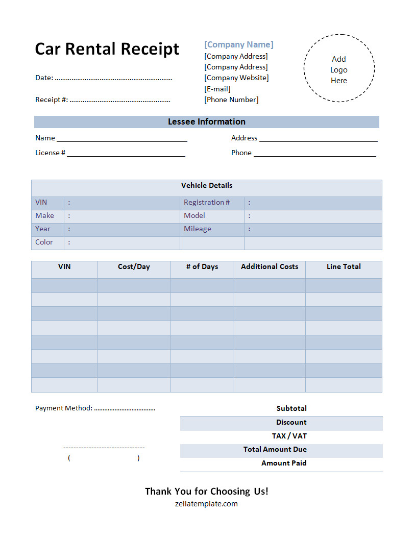 printable blank car rental receipt template word pdf