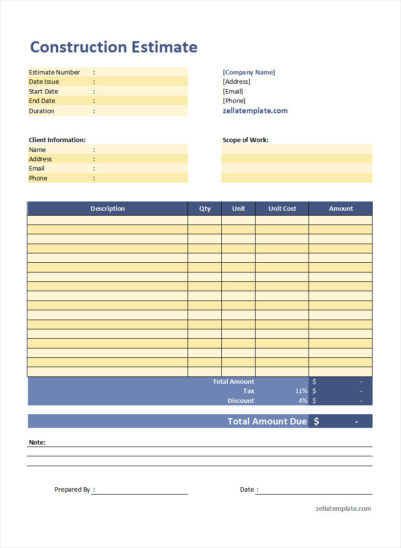 free construction estimate template excel