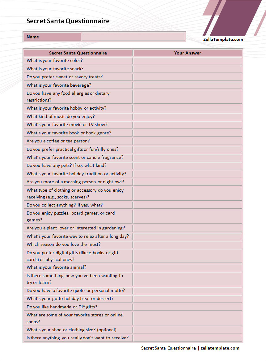free printable secret Santa questionnaire template pdf word