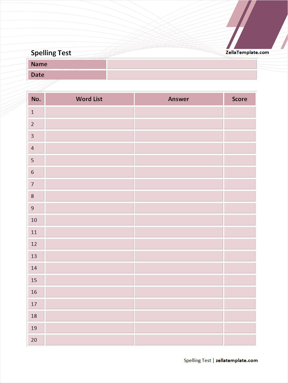 free printable spelling test template